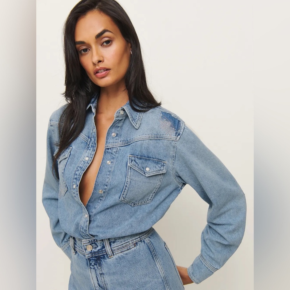 Reformation Kacey Musgraves Deeper Well Denim Pearl Snap Shirt Jacket by Small